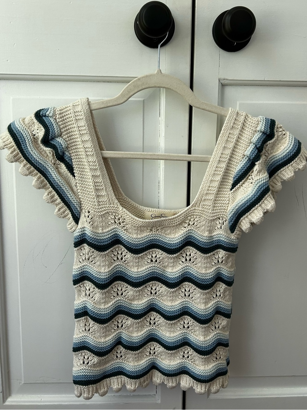 Jessica Simpson Crochet Wave Knit Top in Cream with Blue Stripes